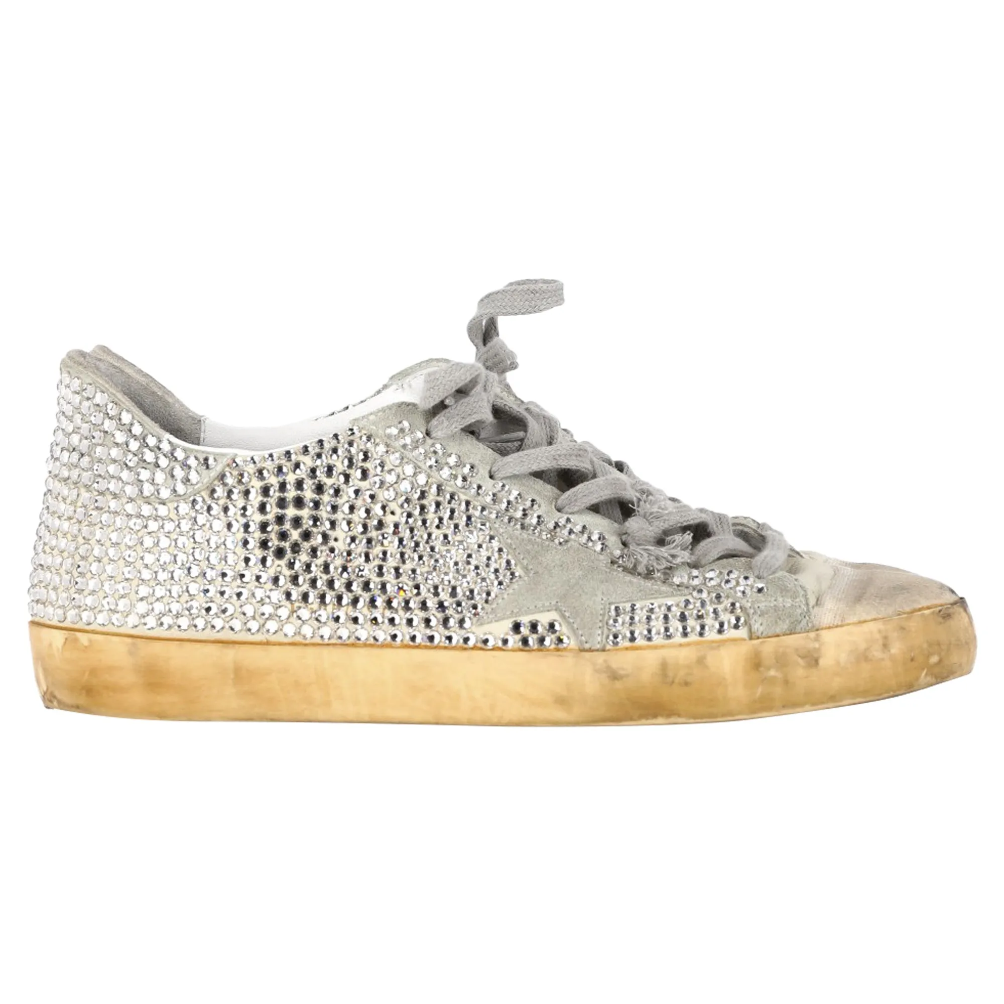 Golden Goose Super-Star Crystal Embellished Sneakers in Grey Suede