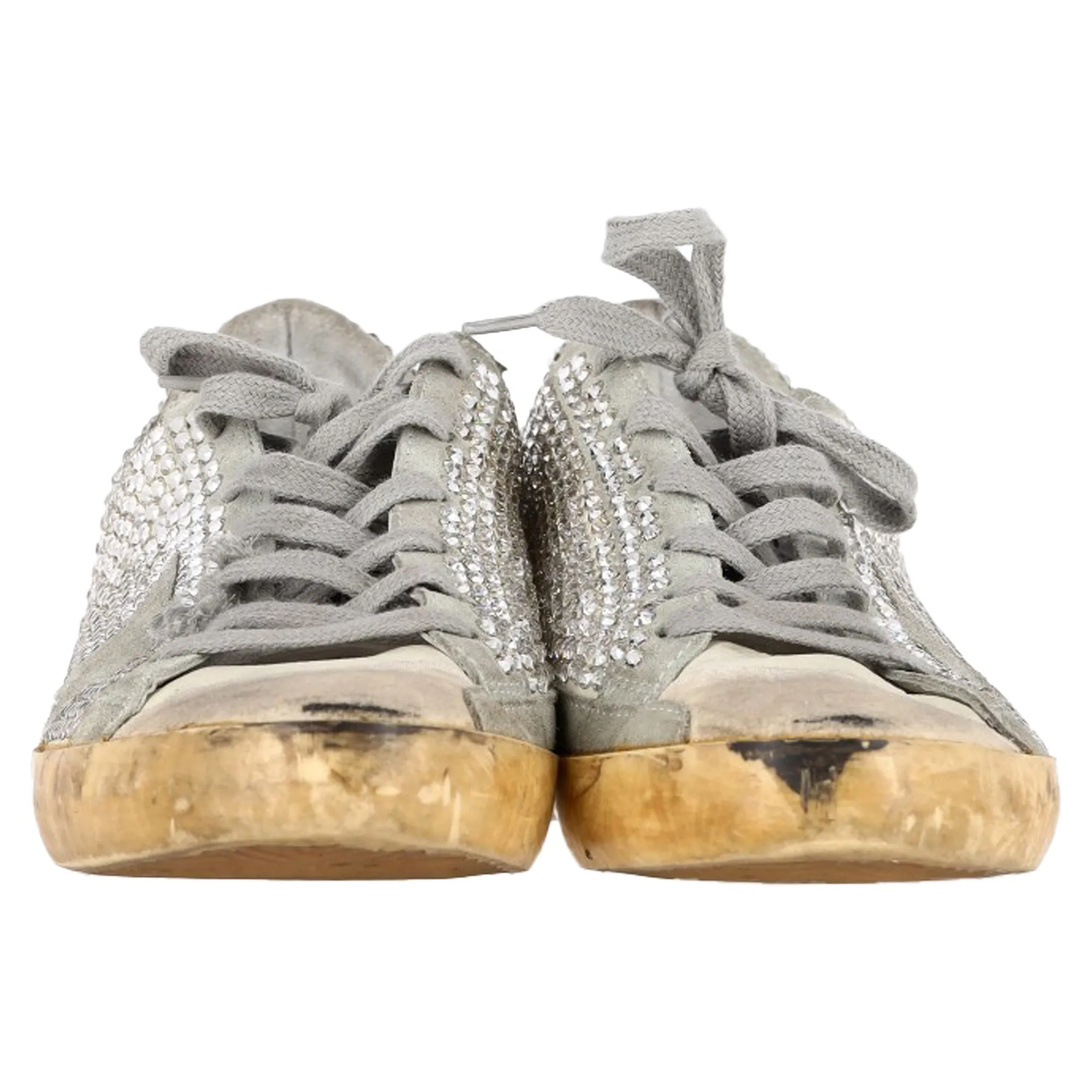 Golden Goose Super-Star Crystal Embellished Sneakers in Grey Suede