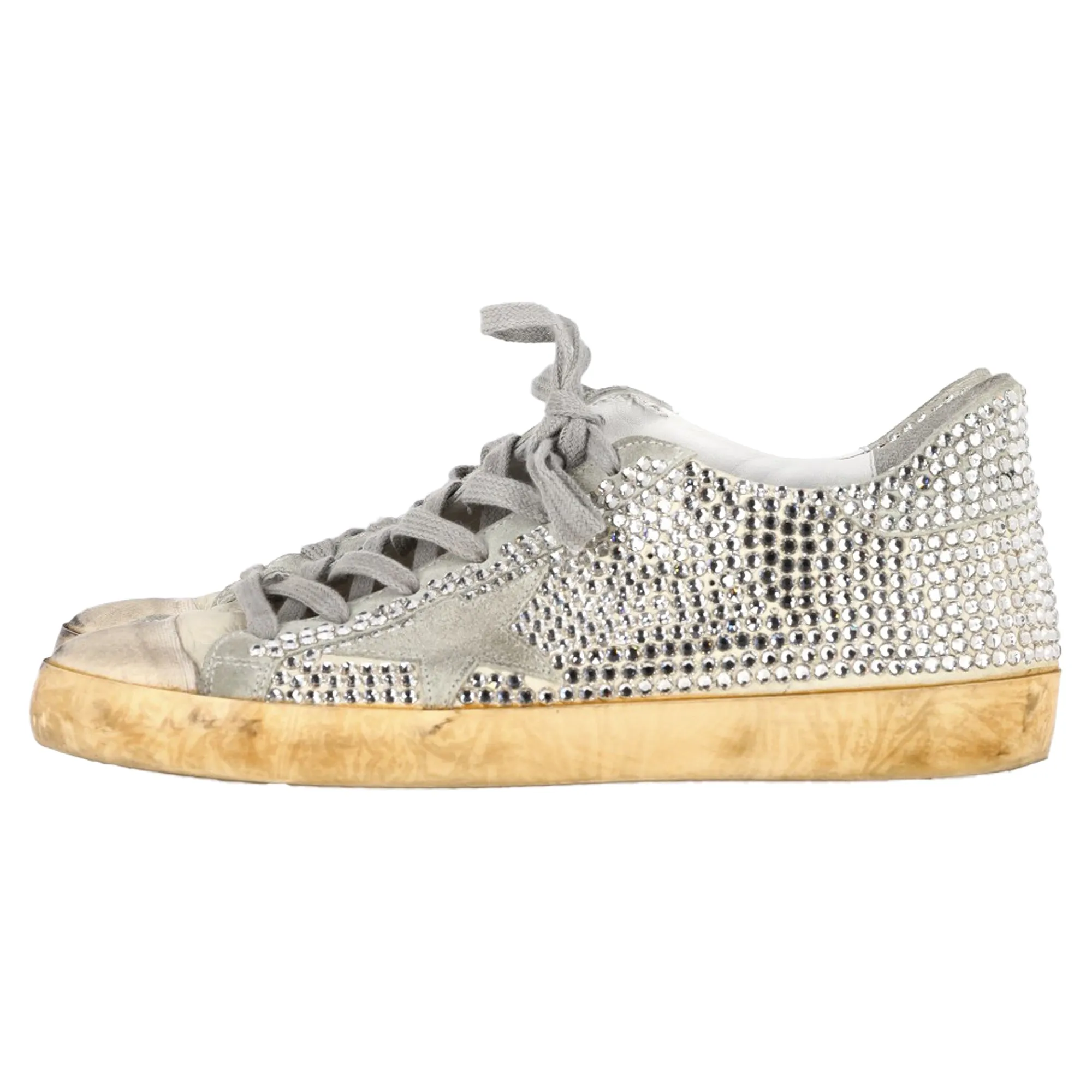 Golden Goose Super-Star Crystal Embellished Sneakers in Grey Suede