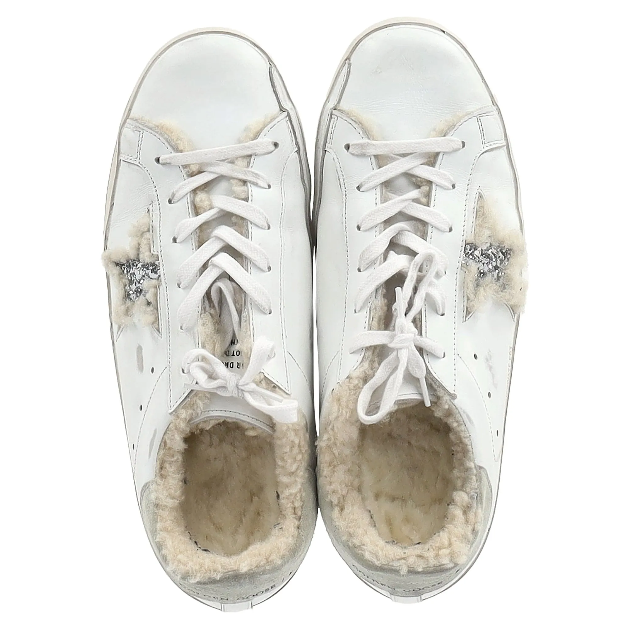 Golden Goose Superstar Shearling-Lined Distressed Sneakers in White Leather