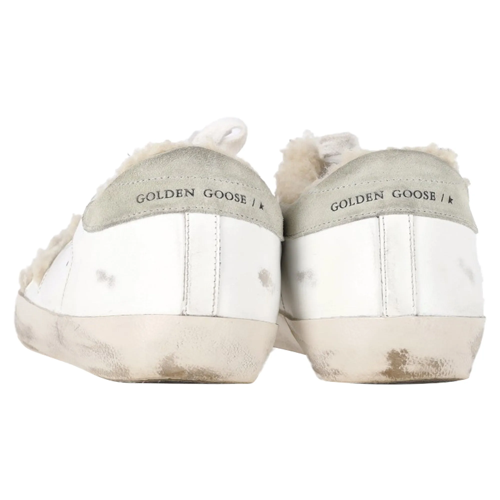 Golden Goose Superstar Shearling-Lined Distressed Sneakers in White Leather