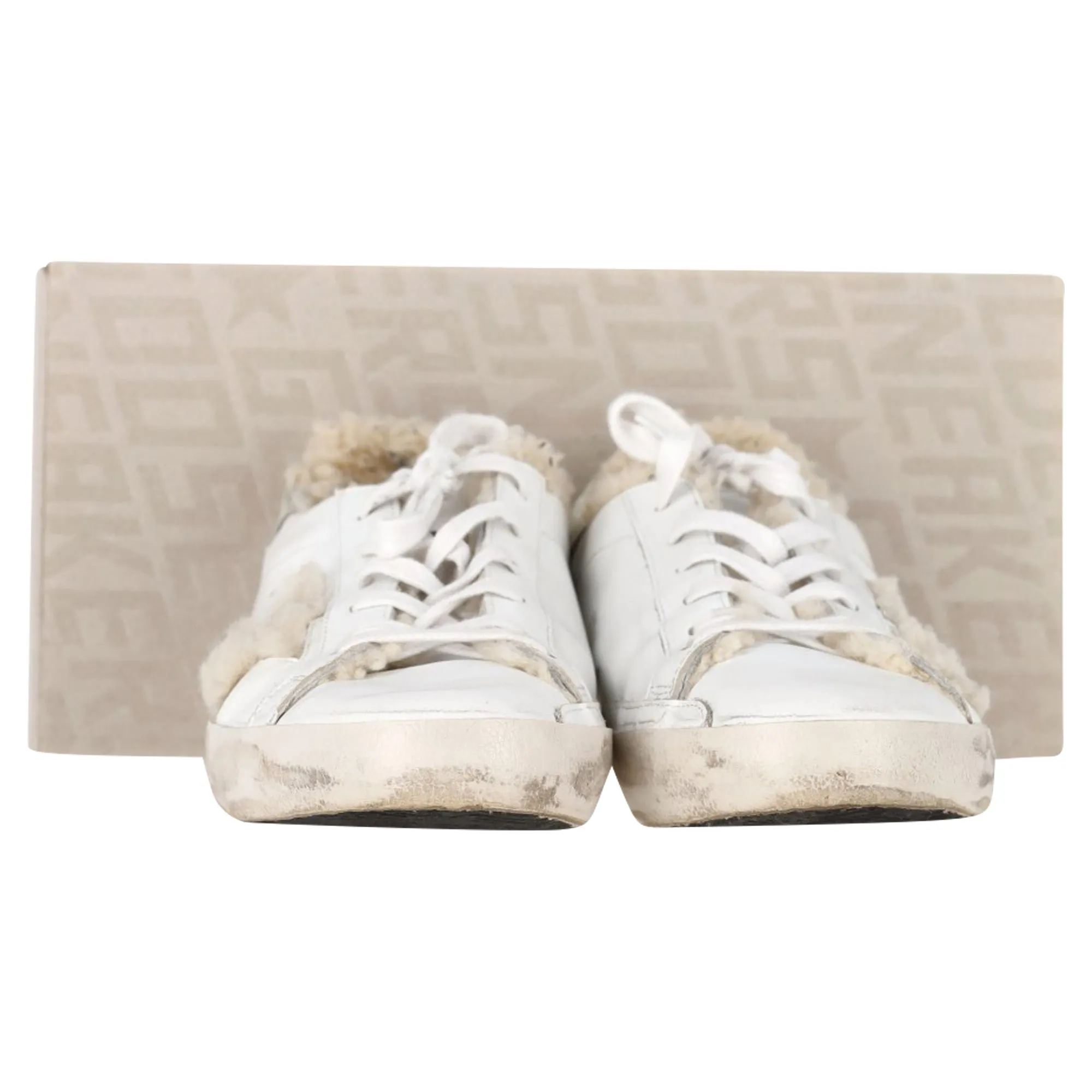 Golden Goose Superstar Shearling-Lined Distressed Sneakers in White Leather