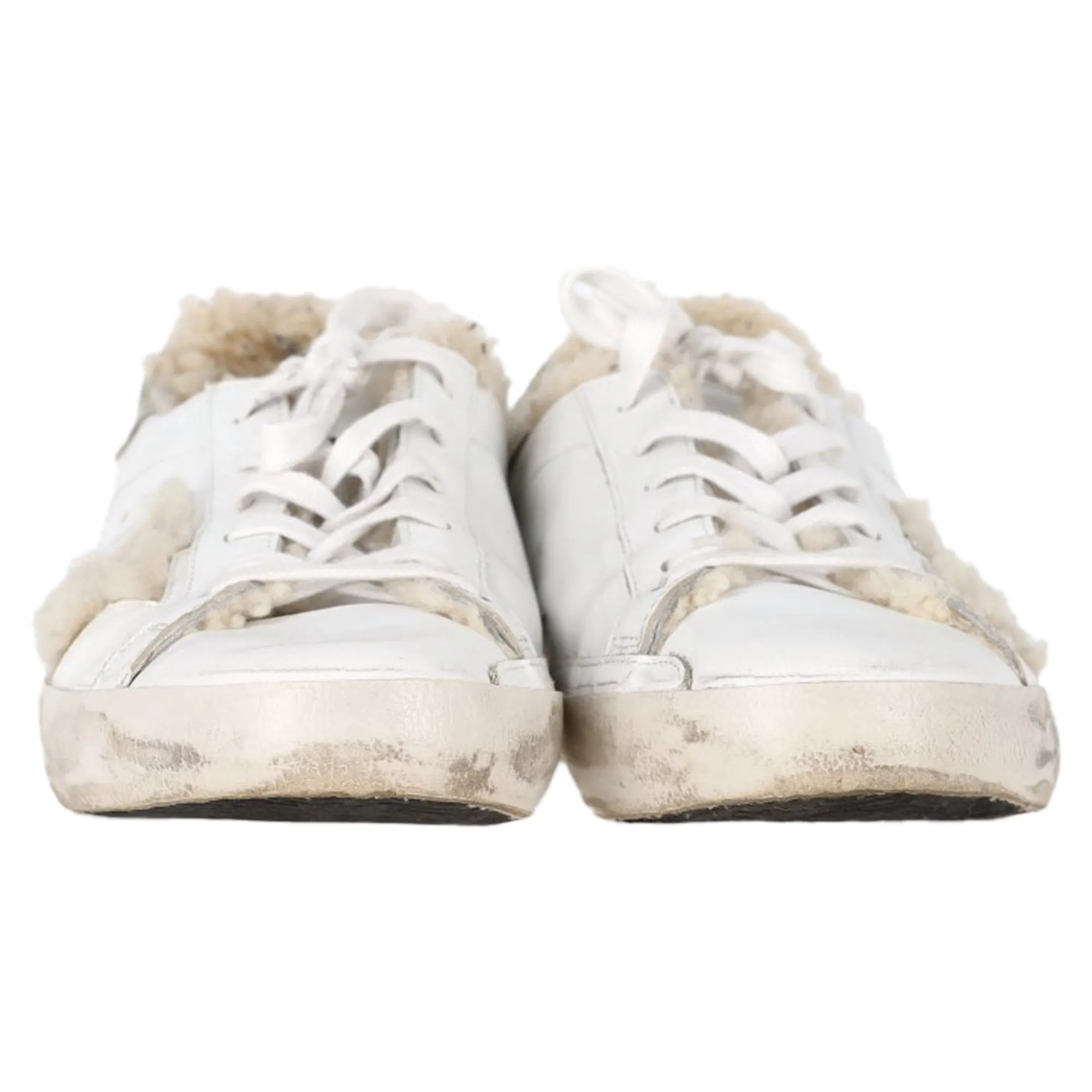 Golden Goose Superstar Shearling-Lined Distressed Sneakers in White Leather