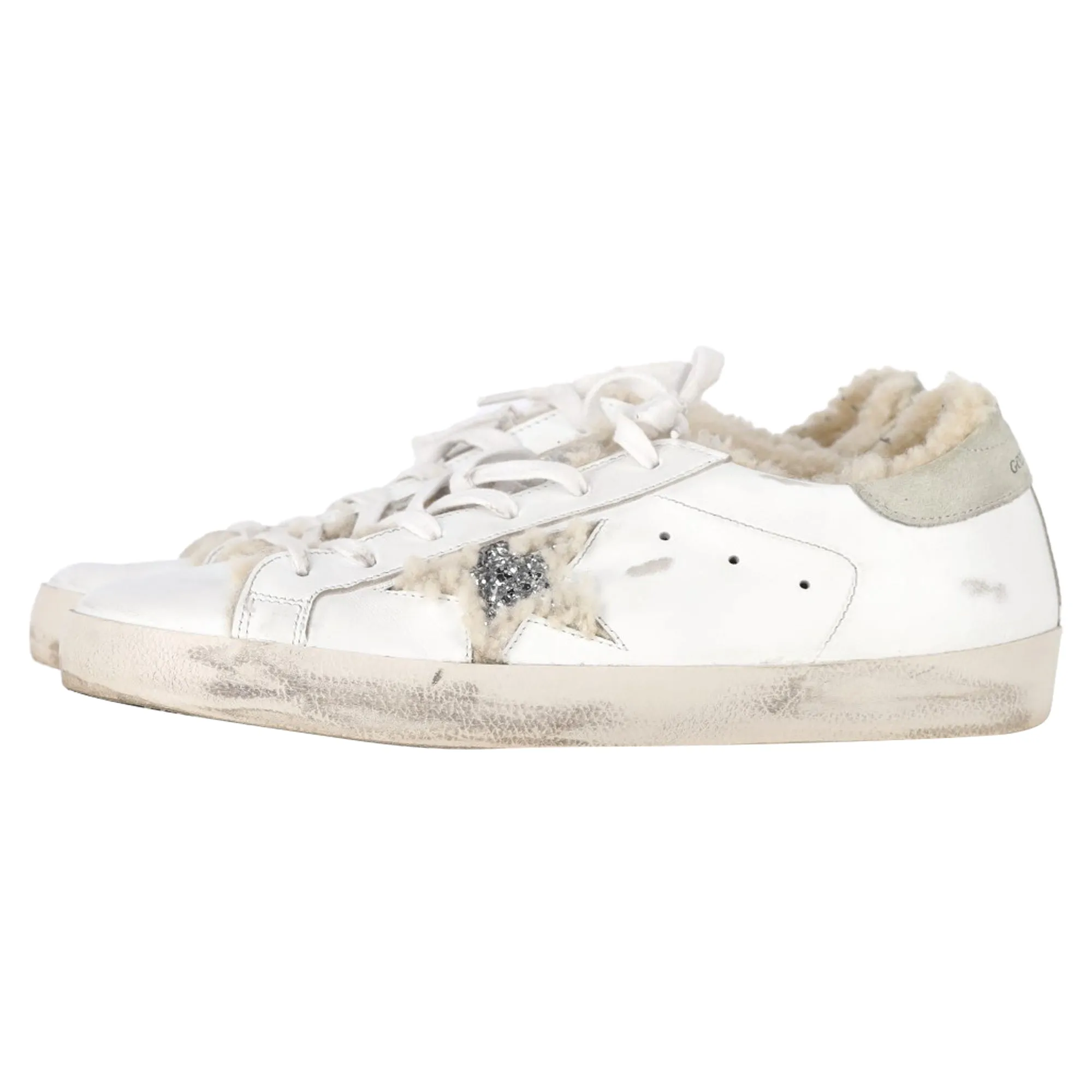 Golden Goose Superstar Shearling-Lined Distressed Sneakers in White Leather