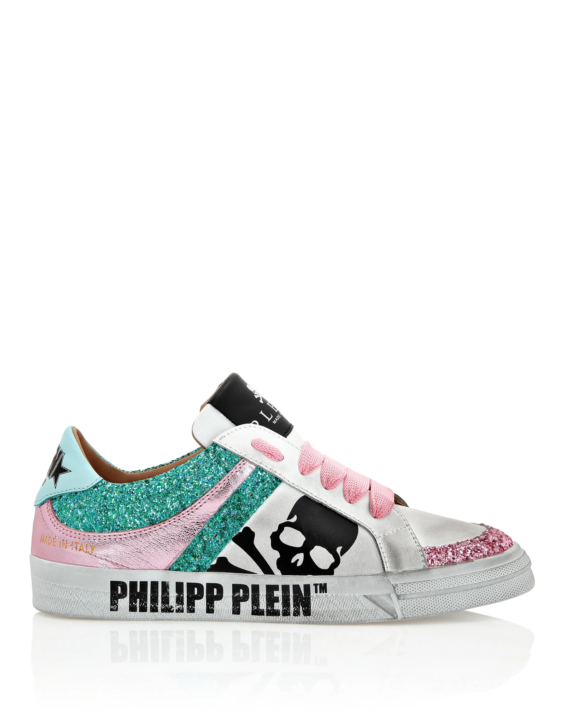 Leather Lo-Top Sneakers Skull with Crystals
