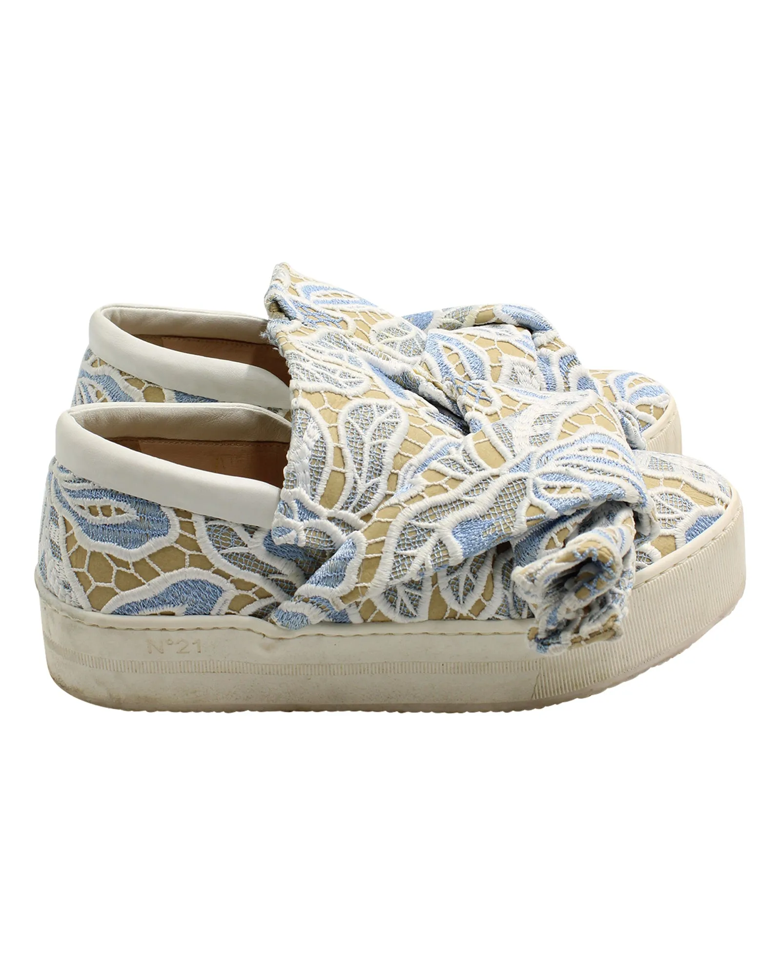 N.21 Lace-Trimmed Knot Slip-Ons in Tan Leather
